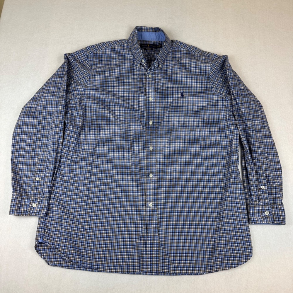 Ralph Lauren Mens XL Stretch Cotton Button Down Shirt Blue Brown Check Pony Logo